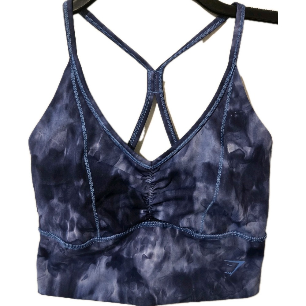Gymshark Women's Elevate Longline Sports Bra Blue Spray Dye Pattern Size XS